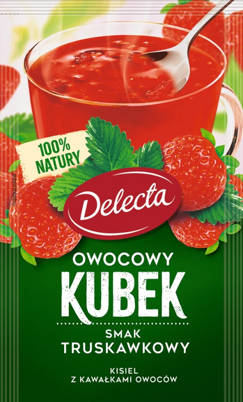 Kisiel Delecta Owocowy Kubek z kawałkami owoców, truskawkowy, 30g