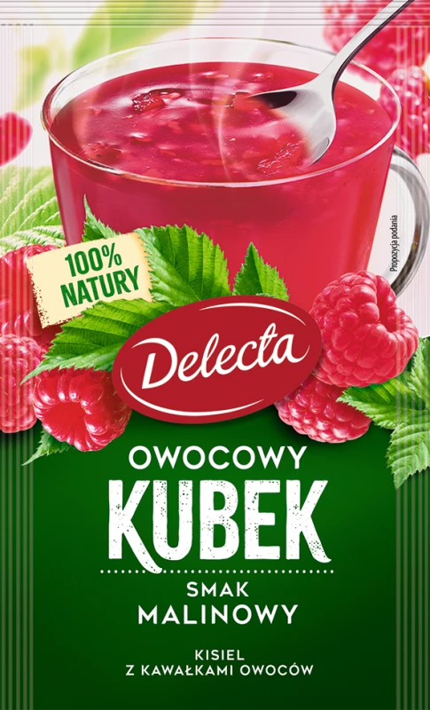 Kisiel Delecta Owocowy Kubek z kawałkami owoców, malinowy, 30g