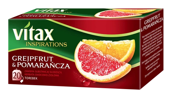 Herbata owocowa w torebkach Vitax Inspirations, grejpfrut i pomarańcza, 20 sztuk x 2g