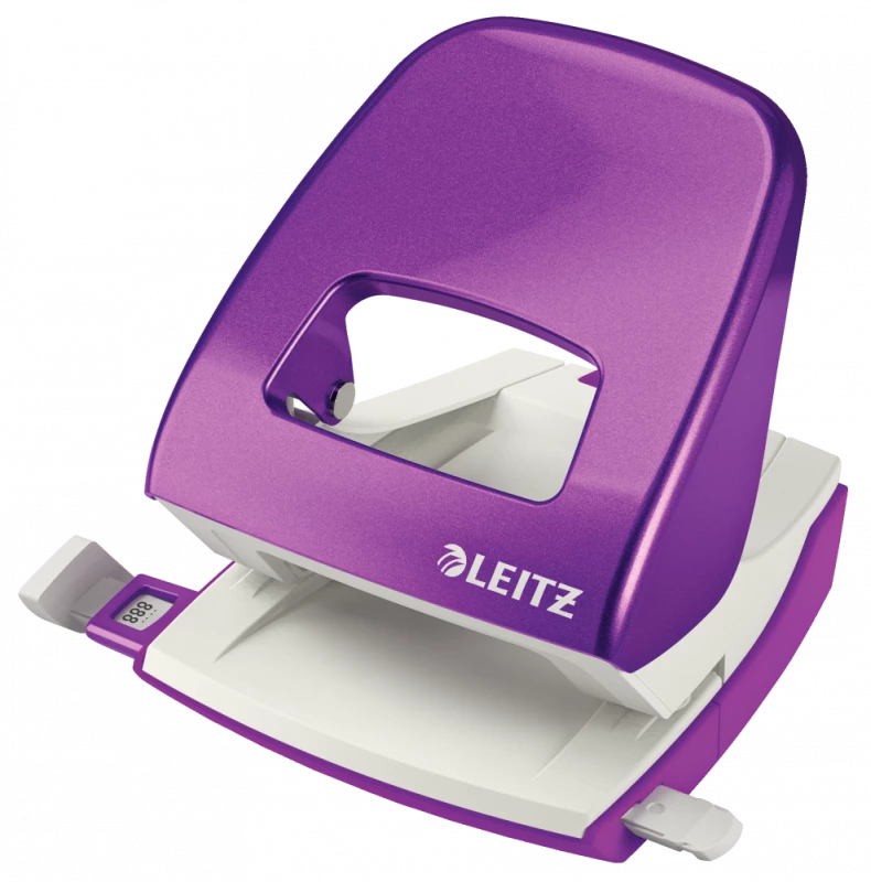 Profesjonalny i ergonomiczny dziurkacz biurowy Leitz Wow NeXXt w kolorze fioletowym metalicznym