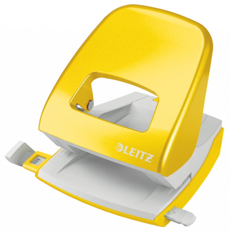 Profesjonalny i ergonomiczny dziurkacz biurowy Leitz Wow NeXXt w kolorze żółtym metalicznym