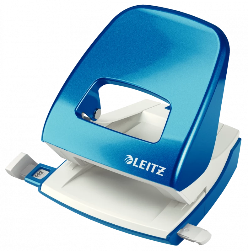 Profesjonalny i ergonomiczny dziurkacz biurowy Leitz Wow NeXXt w kolorze niebieskim metalicznym
