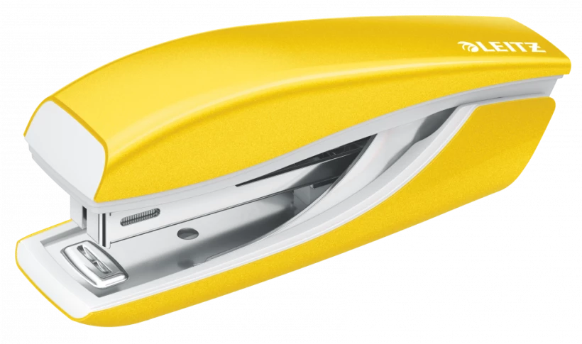 Łatwy w użyciu i funkcjonalny zszywacz mini Leitz NeXXt Wow w kolorze metalicznym żółtym