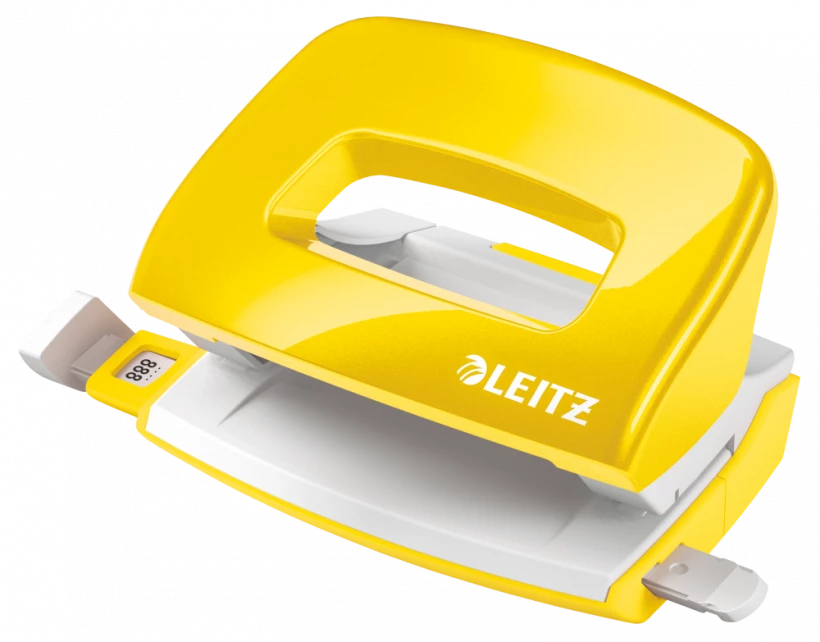 Wygodny w użytkowaniu dziurkacz mini Leitz NeXXt Wow w kolorze metalicznym żółtym