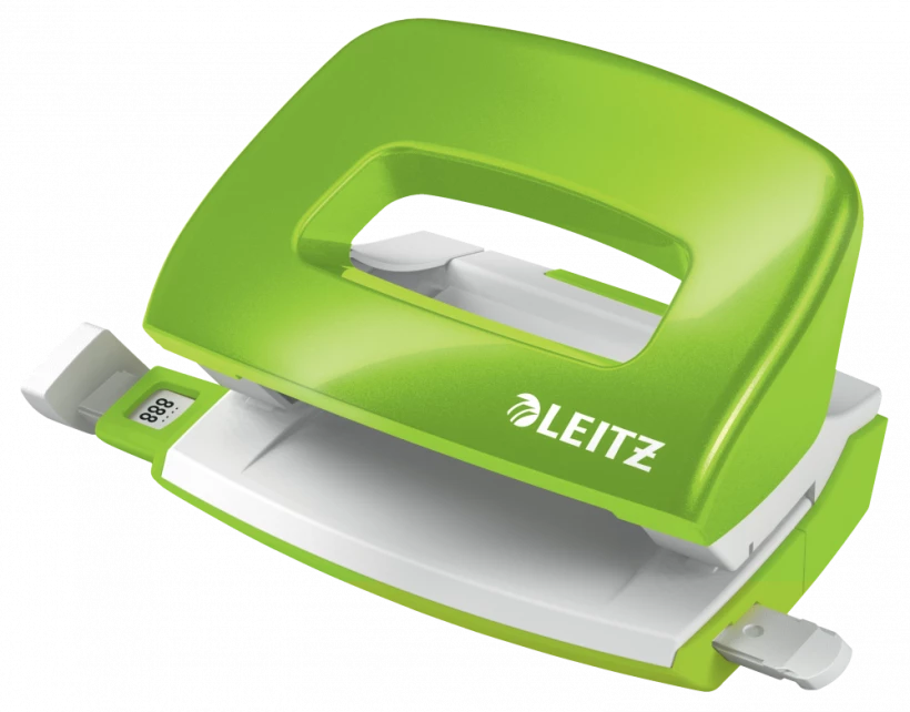 Wygodny w użytkowaniu dziurkacz mini Leitz NeXXt Wow w kolorze metalicznym zielonym