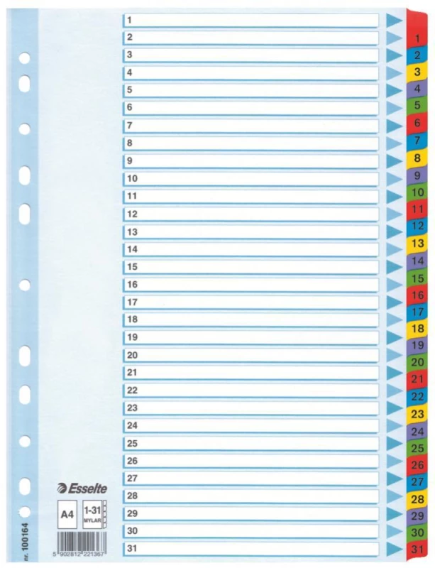 Przekładki kartonowe numeryczne z kolorowymi indeksami Esselte Mylar (A4, 1-31 kart, mix kolorów)