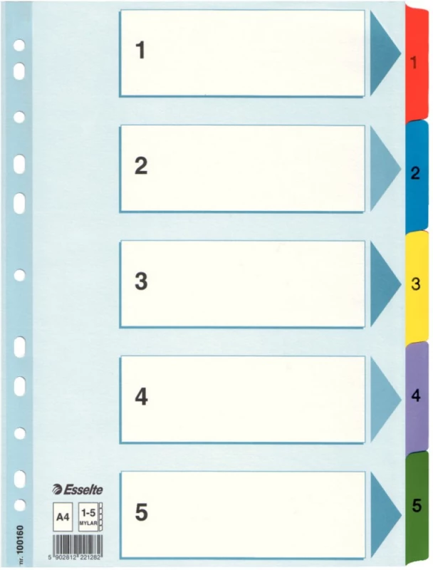 Przekładki kartonowe numeryczne z kolorowymi indeksami Esselte Mylar (A4,1-5 kart, mix kolorów) 