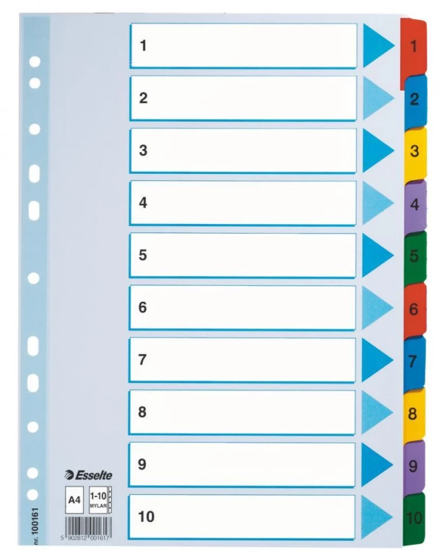 Przekładki kartonowe numeryczne z kolorowymi indeksami Esselte Mylar (A4, 1-10 kart, mix kolorów) 