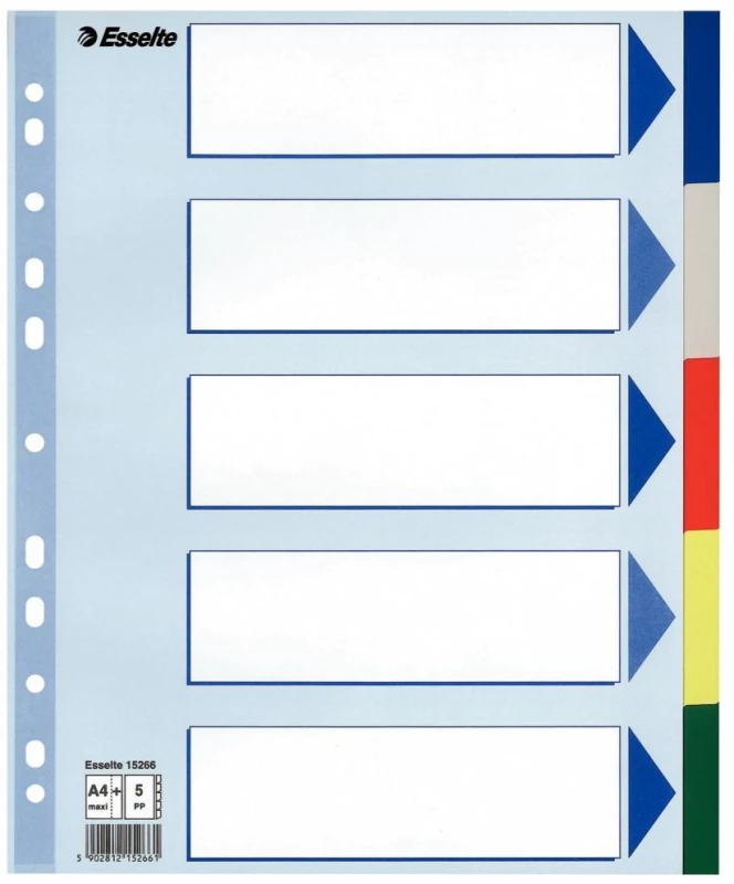 Przekładki plastikowe gładkie z kolorowymi indeksami Esselte (A4+, 5 kart, mix kolorów)