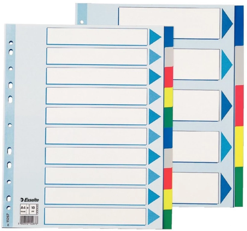 Przekładki plastikowe gładkie z kolorowymi indeksami Esselte (A4+, 10 kart, mix kolorów)