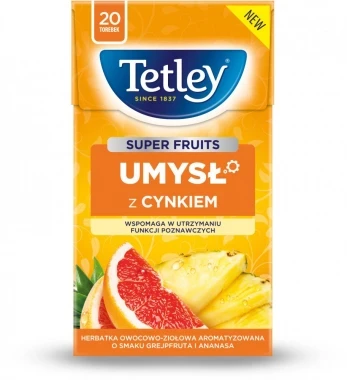 Herbata funkcjonalna w torebkach Tetley Super Fruits Umysł z cynkiem, grejpfrut i ananas, 20 sztuk x 2g