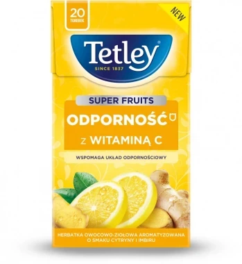 Herbata funkcjonalna w torebkach Tetley Super Fruits Odporność z wit.C, cytryna i imbir, 20 sztuk