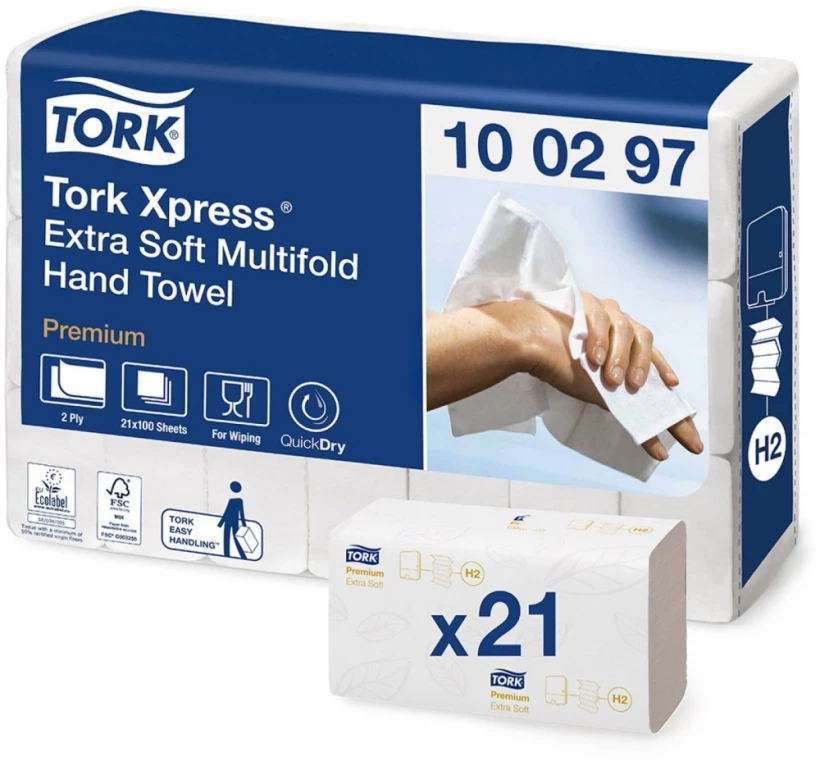 Ręcznik papierowy Ekstra Soft Premium Tork 100297, dwuwarstwowy, w składce ZZ, 21x100 składek, biały
