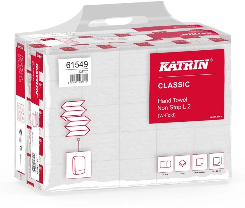 Ręcznik papierowy Katrin Classic Non Stop L-2, dwuwarstwowy, w składce W-fold, 25x120 składek, biały