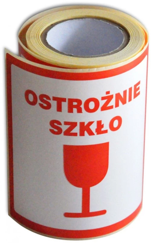 Etykiety na rolce Dalpo, z nadrukiem'Ostrożnie szkło',100x100mm,100sztuk, biały z czerwonym nadrukiem