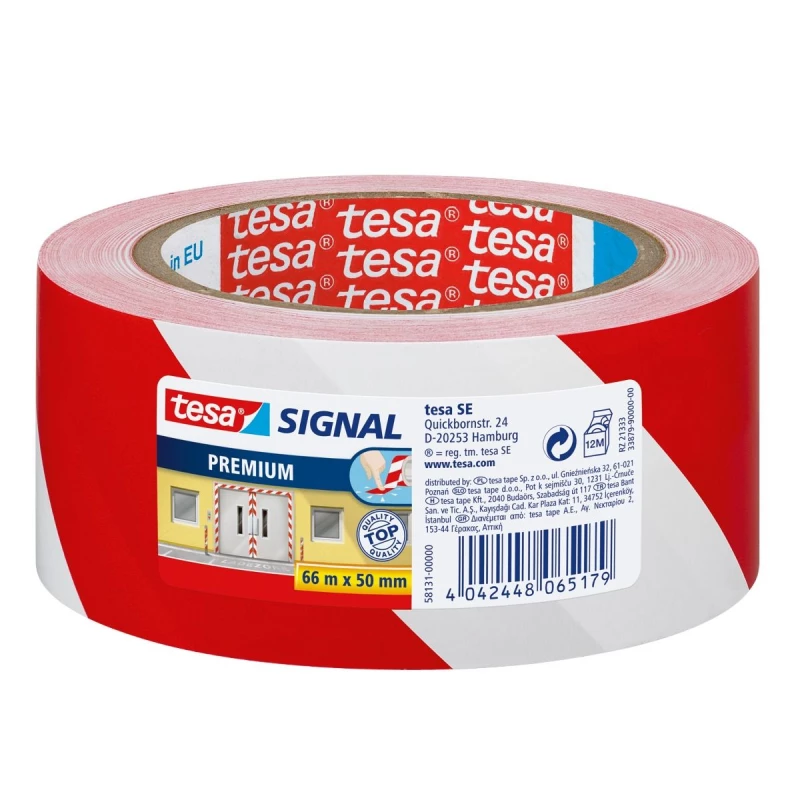Taśma ostrzegawcza Tesa Signal Premium, samoprzylepna, PVC, 66mx50mm, biało-czerwona