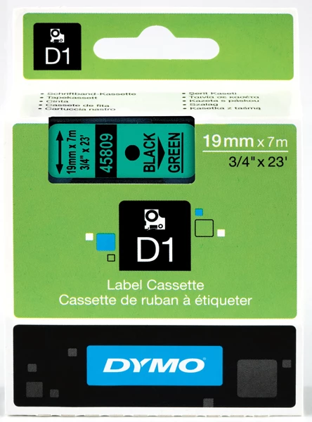 Taśma Dymo D1, 19mm x 7m, czarny nadruk, zielona