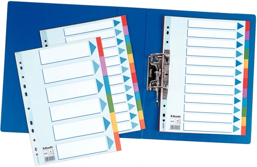 Przekładki kartonowe gładkie z kolorowymi indeksami Esselte, A4, 12 kart, mix kolorów