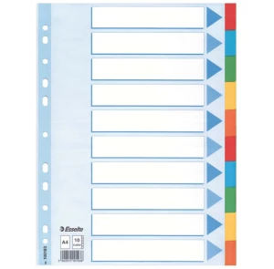Przekładki kartonowe gładkie z kolorowymi indeksami Esselte, A4, 10 kart, mix kolorów,