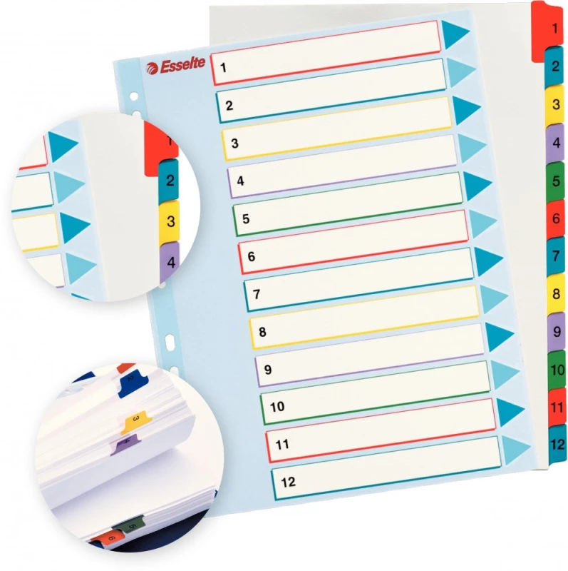 Przekładki kartonowe numeryczne z kolorowymi indeksami Esselte, laminowane, A4+, 1-12 kart, mix kolorów,