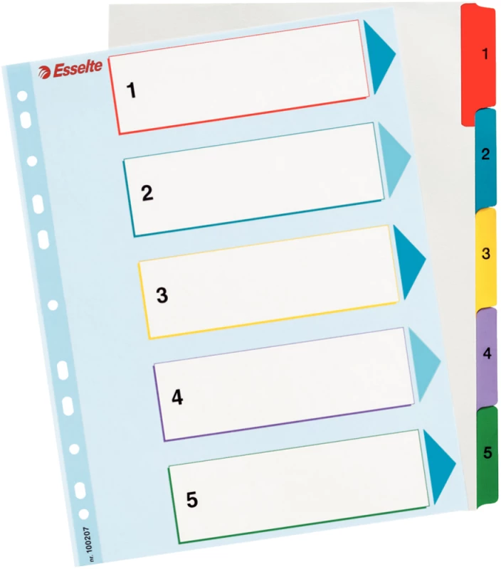 przekładki kartonowe numeryczne z kolorowymi indeksami Esselte, laminowane, A4+, 1-5 kart, mix kolorów.