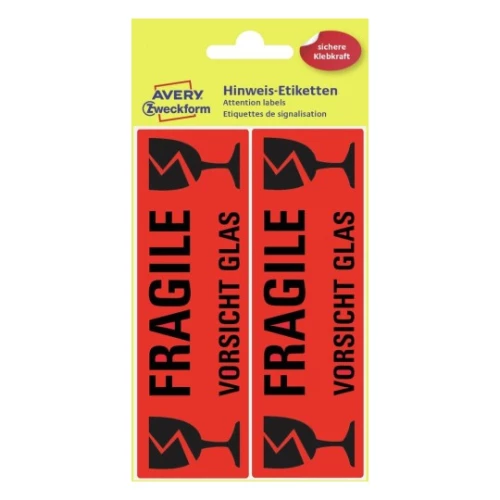 Etykiety ostrzegawcze Avery Zweckform, z nadrukiem "Fragile" (uwaga szkło), 119x38 mm, 10 sztuk, jaskrawo czerwony