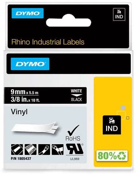 Taśma winylowa Dymo do drukarek etykiet Rhino, 9mmx5.5m, taśma czarna, nadruk biały