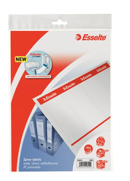 Etykiety grzbietowe Esselte PC, szerokie, do segregatorów, samoprzylepne, 59x192mm,10 arkuszy, biały