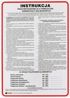 Tabliczka informacyjna Anro, "Instrukcja przeciwpożarowa dla pomieszczeń administracyjno-biurowych"