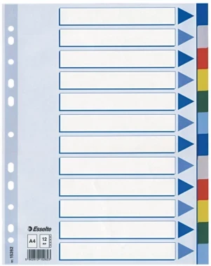 przekładki plastikowe z kolorowymi indeksami Esselte, A4, 12 kart, mix kolorów