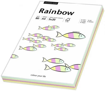 Papier kolorowy Rainbow, A4, 80g/m2, 100 arkuszy, mix kolorów pastelowych