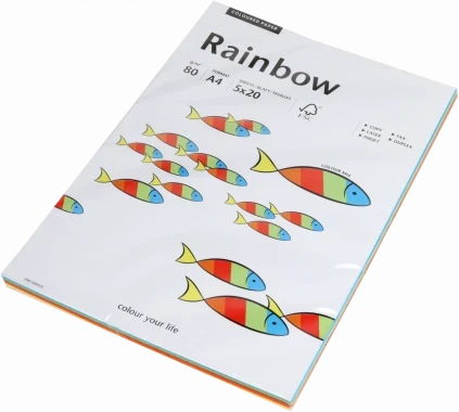 Papier kolorowy Rainbow A4, 80g/m2, 100 arkuszy, mix kolorów intensywnych