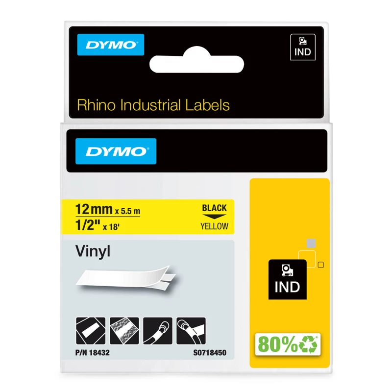 Taśma winylowa Dymo do drukarek etykiet Rhino S0718450, 12mmx5,5m, taśma żółta, nadruk czarny