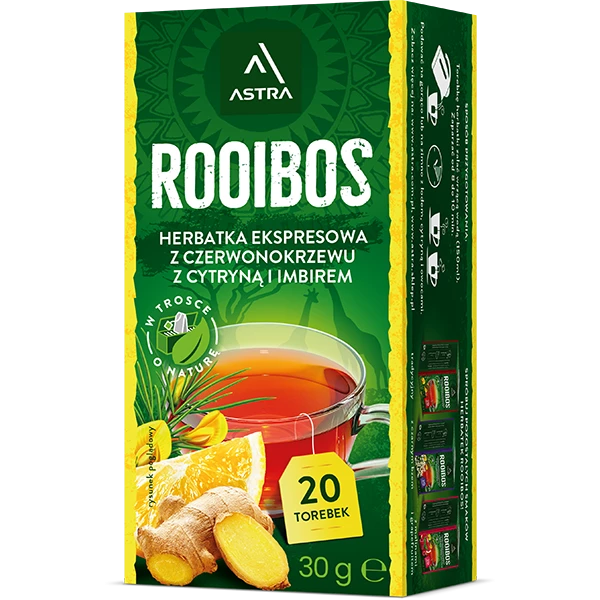 Herbata ziołowa w torebkach Astra Rooibos, cytryna z imbirem, 20x1.5g