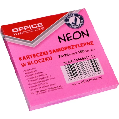 Bloczek samoprzylepny Office Products, 76x76mm, 1x100 karteczek, neon różowy
