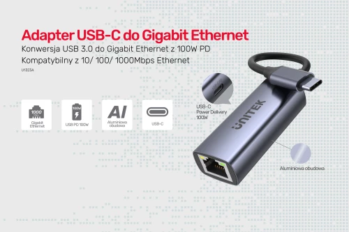 Adapter Unitek U1323A, RJ45 na USB 3.1 Gen 1, szary 