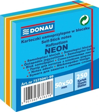 Karteczki samoprzylepne Donau, 50x50mm, 250 karteczek, neon-pastel, mix niebieski