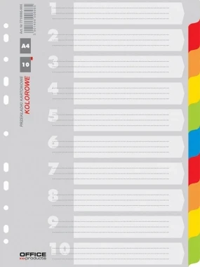   Przekładki kartonowe gładkie z kolorowymi indeksami Office Products, A4, 10 kart, mix kolorów Przekładki kartonowe gładkie z kolorowymi indeksami Office Products, A4, 10 kart, mix kolorów