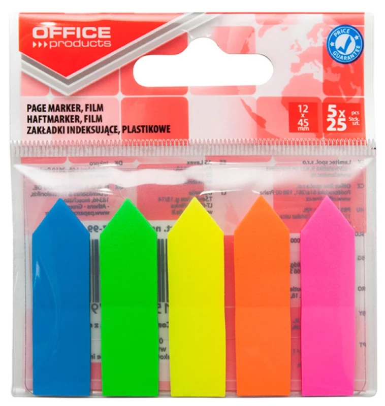 Zakładki samoprzylepne Office Products, strzałki, indeksujace, folia PP, 12x45mm, 5x25 sztuk, mix kolorów