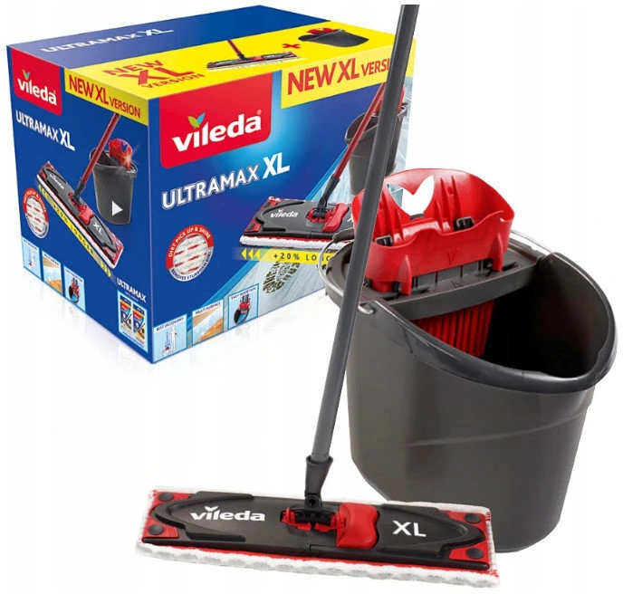 Zestaw Vileda Ultramax Box XL, wiadro+kij+uchwyt do mopa+mop płaski, czarno- czerwony