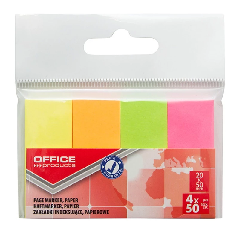 zakładki samoprzylepne Office Products, proste, indeksujące, papier, 20x50mm, 4x50 sztuk, mix kolorów neonowych