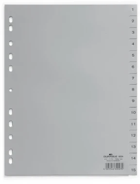 Przekładki plastikowe numeryczne Durable, A4, 1-15 kart, szary