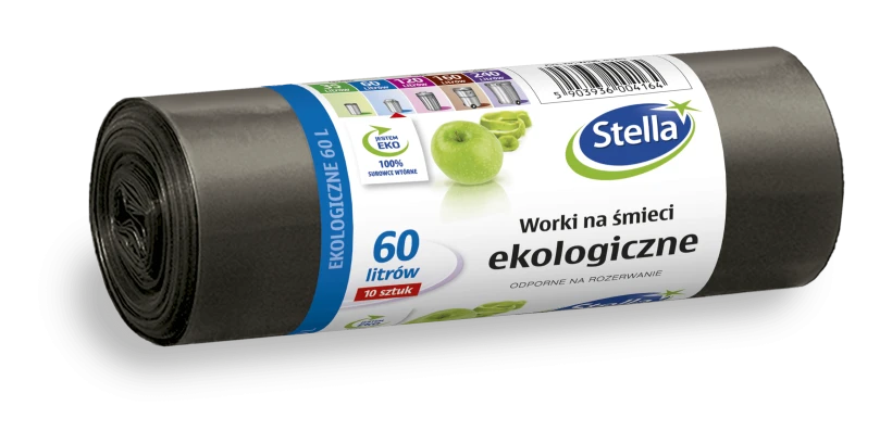 Worki na śmieci Stella, ekologiczne, LDPE, 60l, 72x60cm, 10 sztuk, czarny