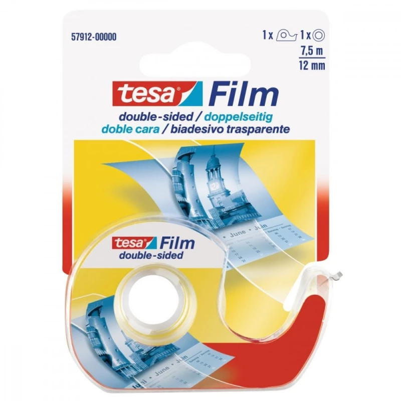 Podajnik do taśmy klejącej Tesa Film + taśma dwustronna 12mmx7.5m, transparentny