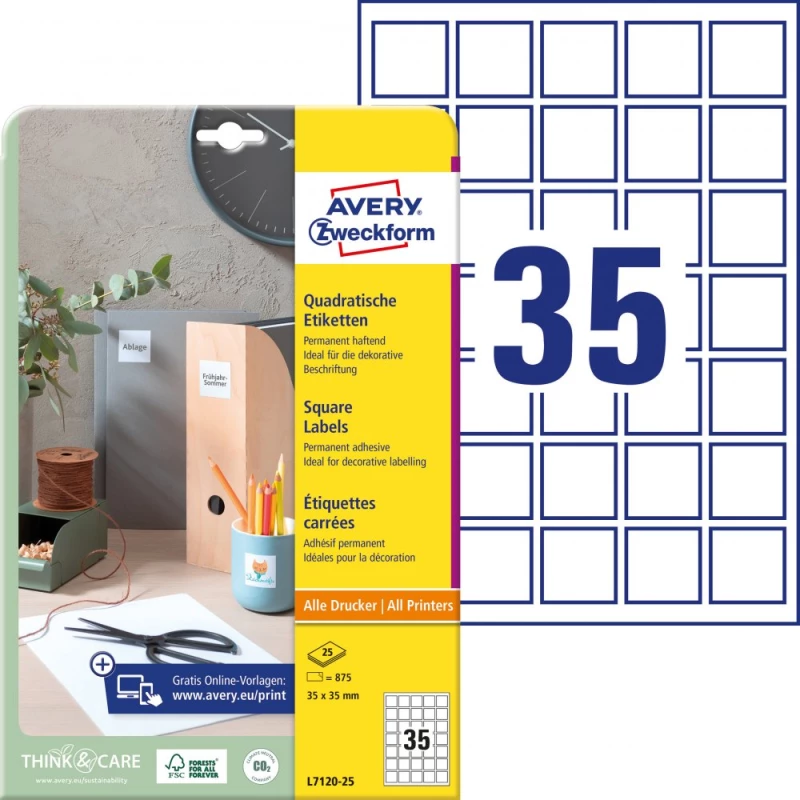 Etykiety kwadratowe do kodów QR Avery Zweckform, 35x35 mm, 25 arkuszy, biały 25 arkuszy, biały