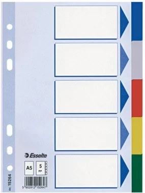 Przekładki plastikowe gładkie z kolorowymi indeksami Esselte, A5, 5 kart, mix kolorów