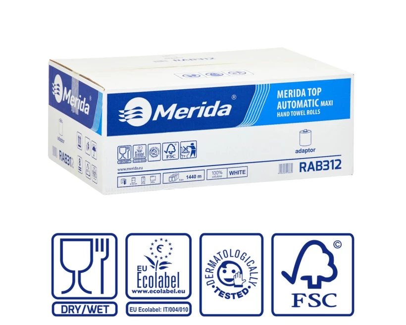 Ręcznik papierowy Merida Top Automatic Maxi, 2-warstwowy, w roli, 240m, 6 rolek, biały