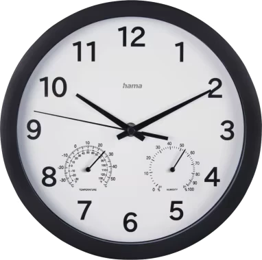  zegar ścienny Hama Pure Plus, z termometrem i higrometrem, 25cm, tarcza kolor biały, rama kolor czarny