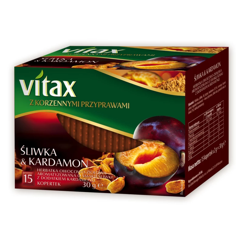 Herbata owocowo-ziołowa w kopertach Vitax z korzennymi przyprawami, śliwka i kardamon, 15 sztuk x 2g