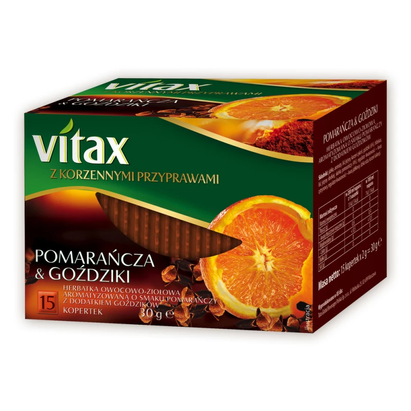 Herbata owocowo-ziołowa w kopertach Vitax z korzennymi przyprawami, pomarańcza i goździki, 15 sztuk x 2g
